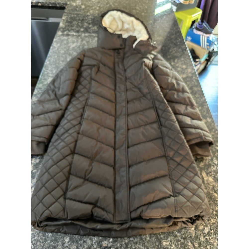 KENNETH COLE REACTION Brown Quilted Faux Fur-Trim Coat Large